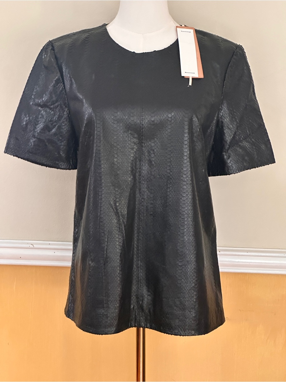 J Brand Black Lamb Leather Snakeskin-Textured Top